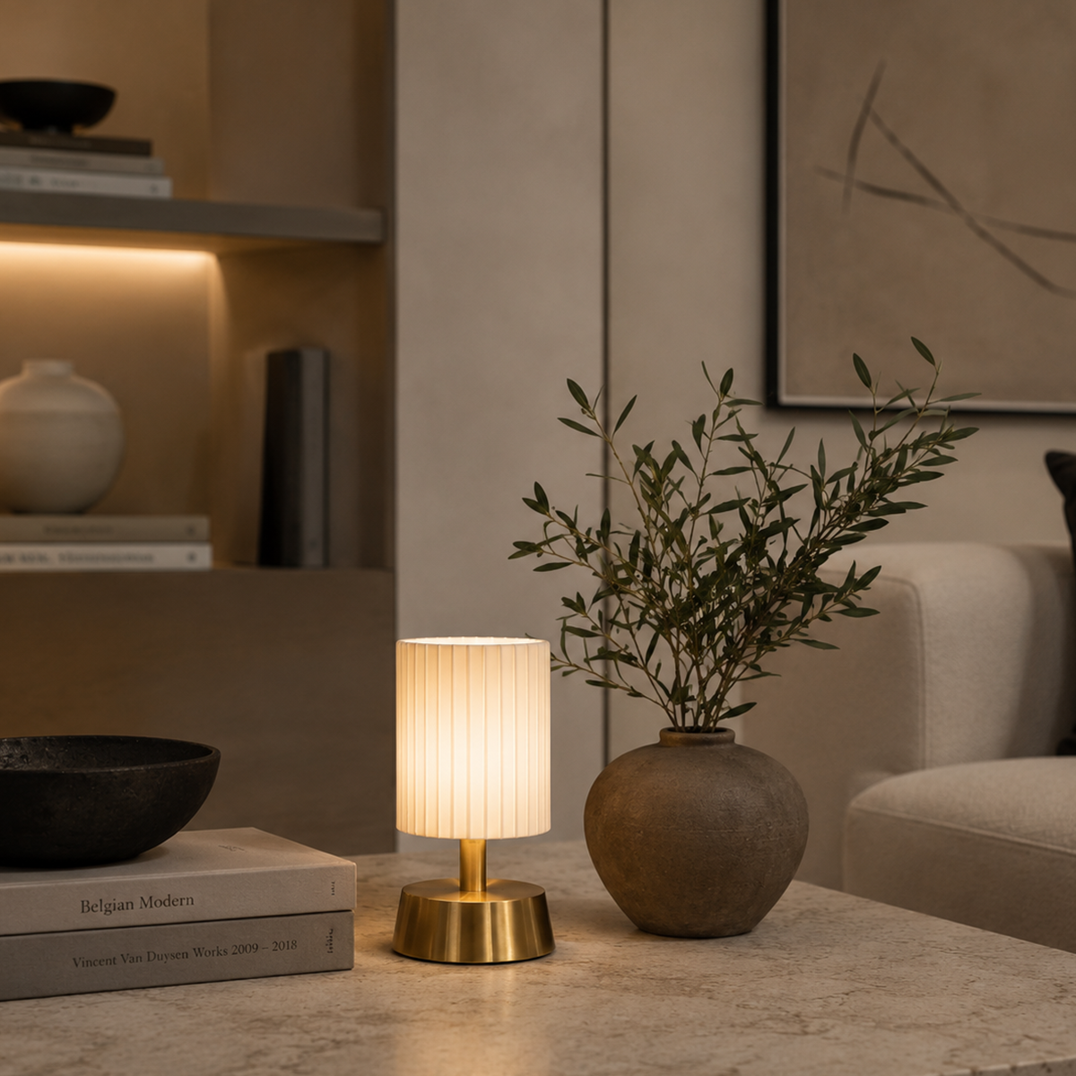 Cleo Cordless Table Lamp Brass Ivory Pleated Shade [A] - Image 3