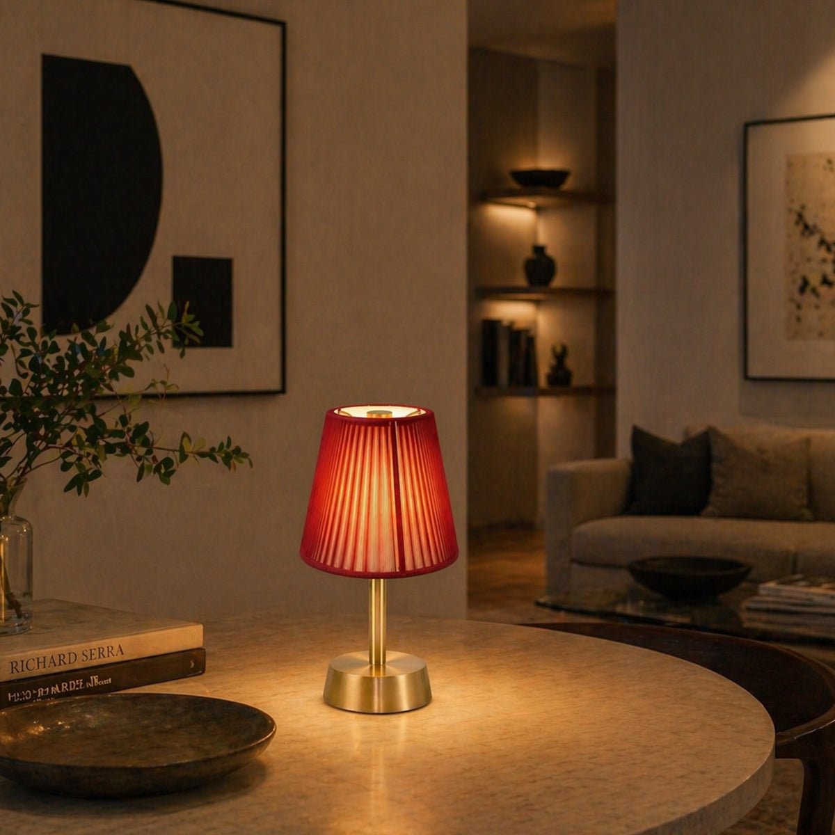 Liberty Cordless Table Lamp Brass Red Cotton Shade [C] - Image 5