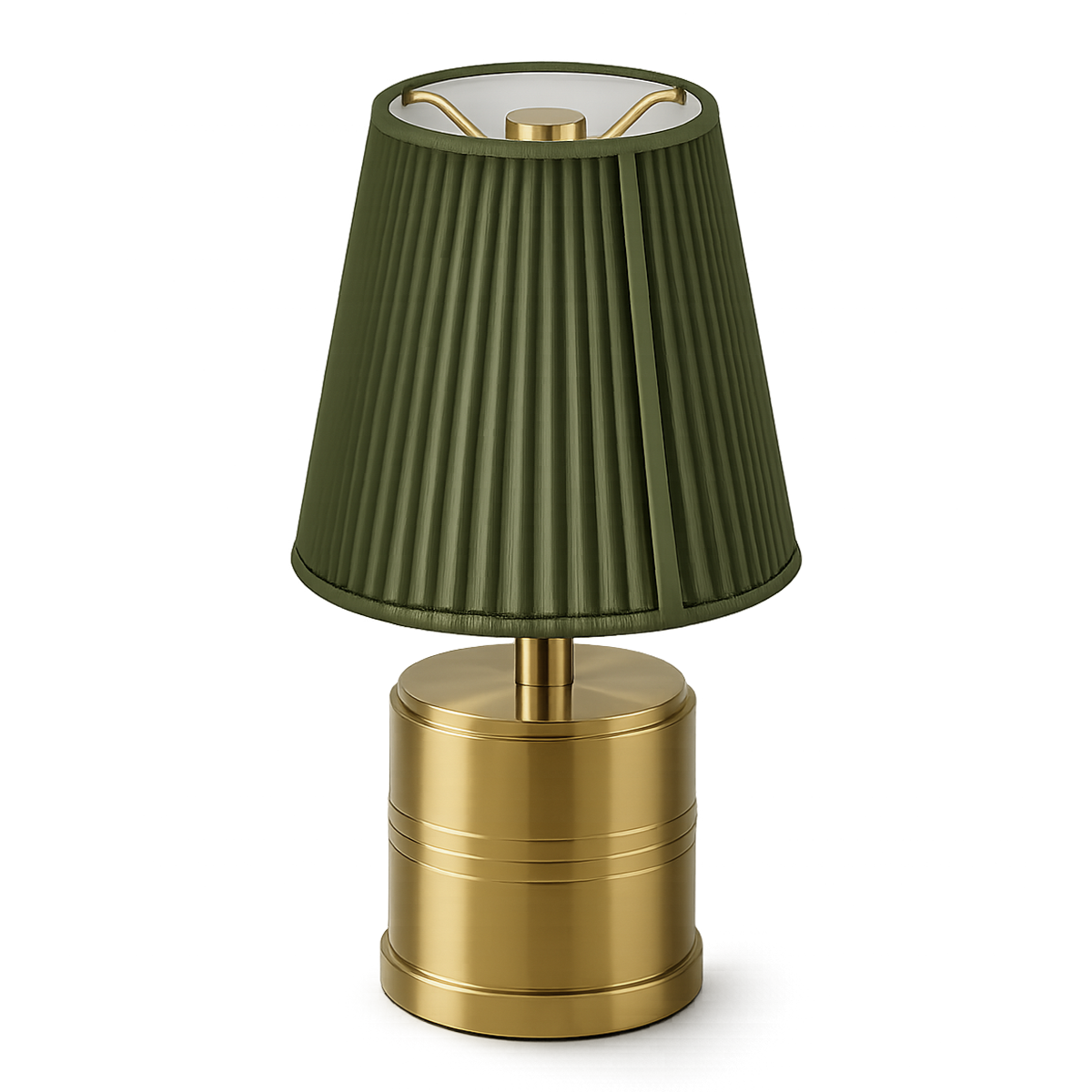 Luxe Cordless Table Lamp Brass Moss Green Cotton Shade [C] - Image 1