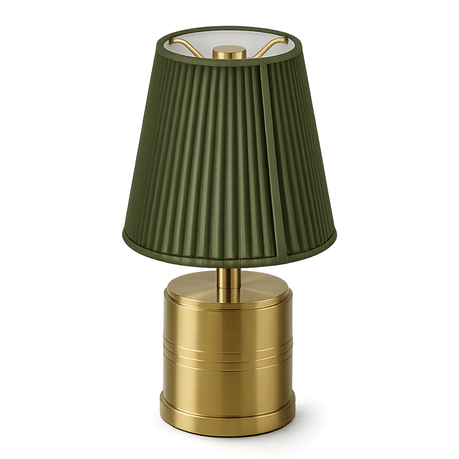 Luxe Cordless Table Lamp Brass Moss Green Cotton Shade [C] - Image 1
