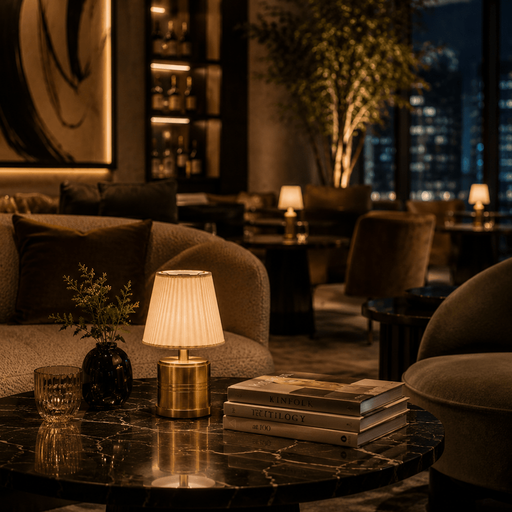 Luxe Cordless Table Lamp Brass Ivory Cotton Shade [C] - Image 4
