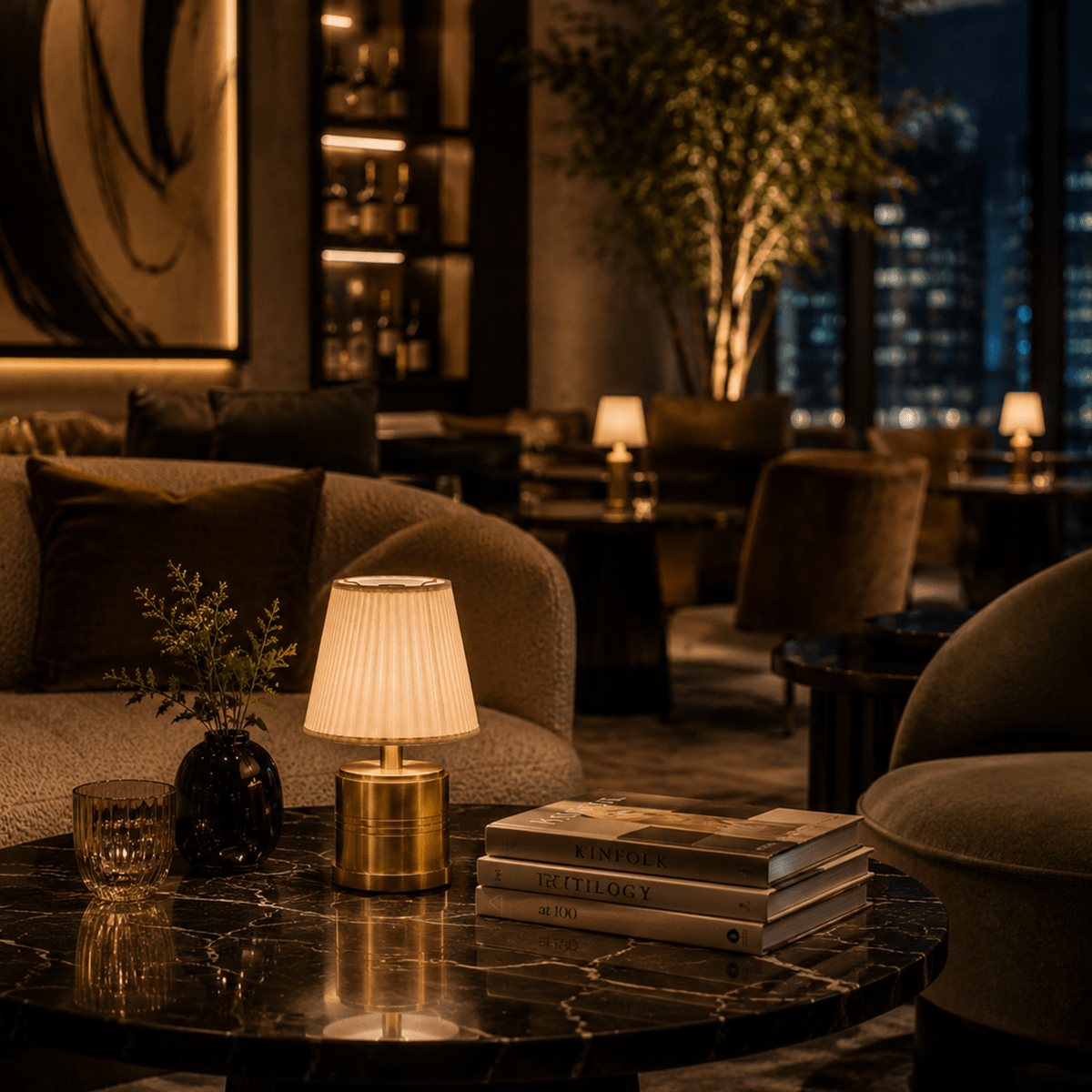 Luxe Cordless Table Lamp Brass Ivory Cotton Shade [C] - Image 4