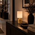 Luxe Cordless Table Lamp Brass Ivory Pleated Shade [A] - Image 1