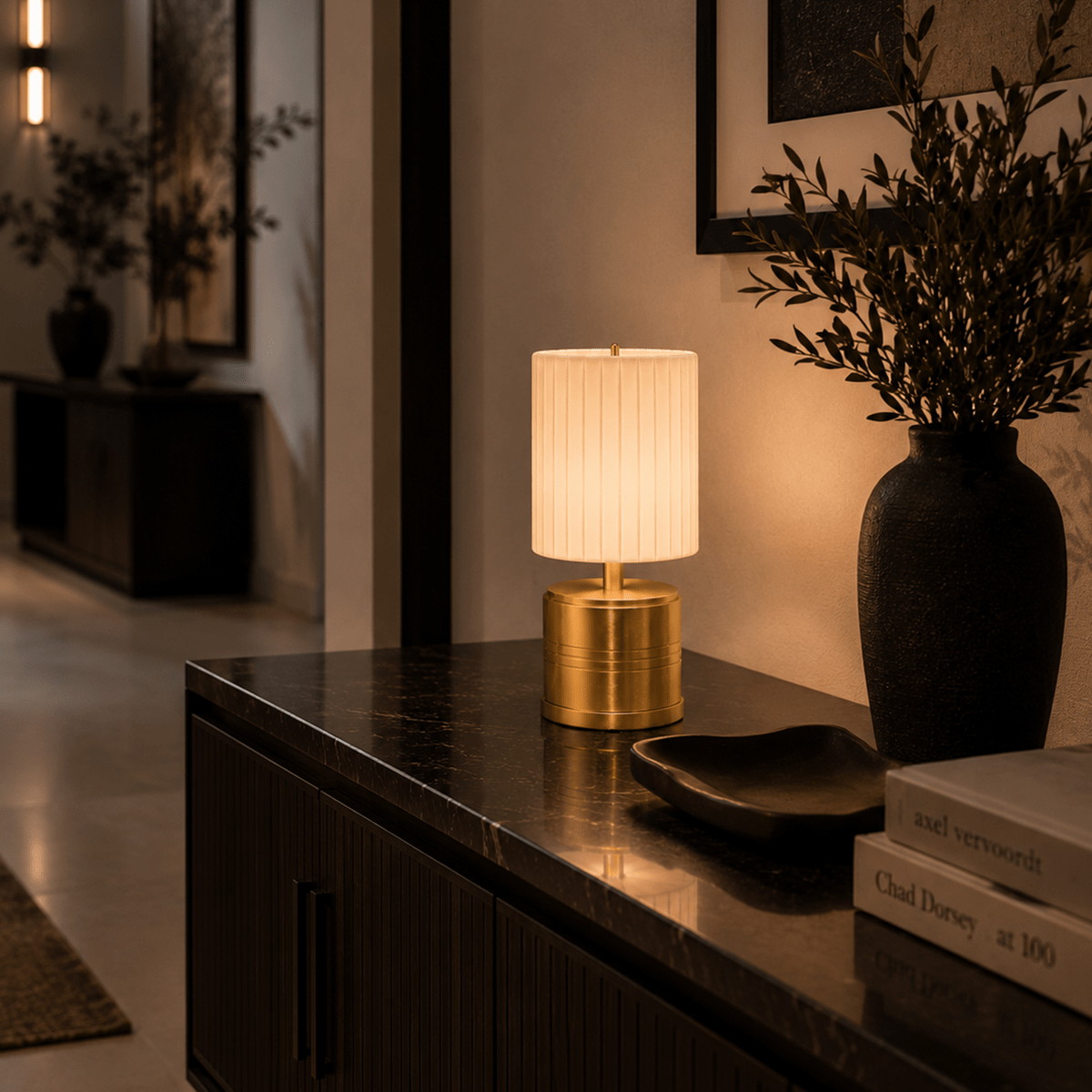 Luxe Cordless Table Lamp Brass Ivory Pleated Shade [A] - Image 1