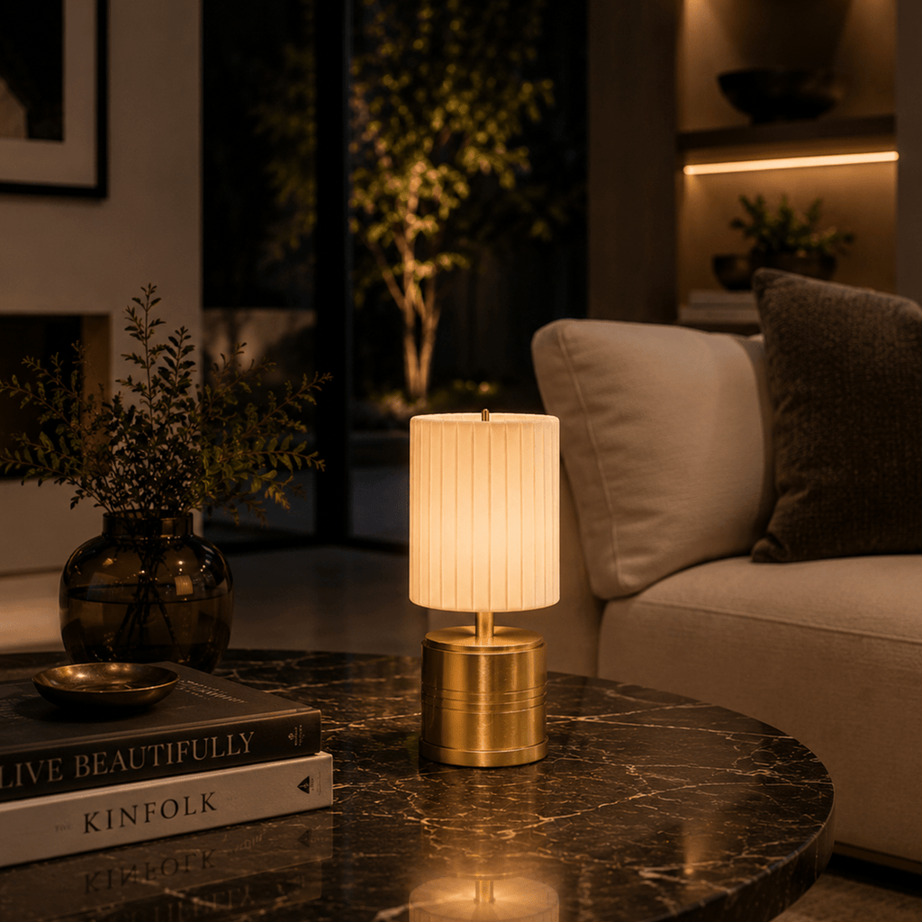 Luxe Cordless Table Lamp Brass Ivory Pleated Shade [A] - Image 3