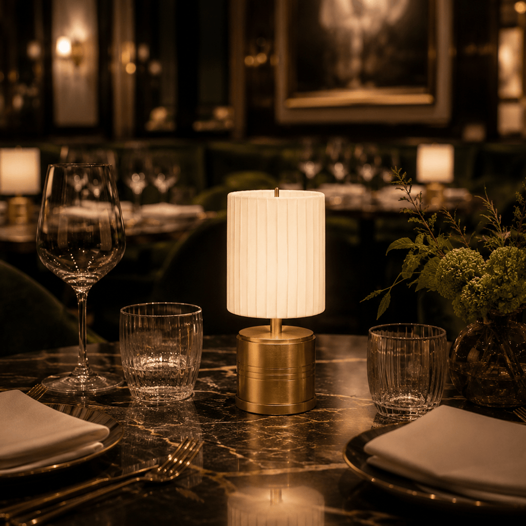 Luxe Cordless Table Lamp Brass Ivory Pleated Shade [A] - Image 4