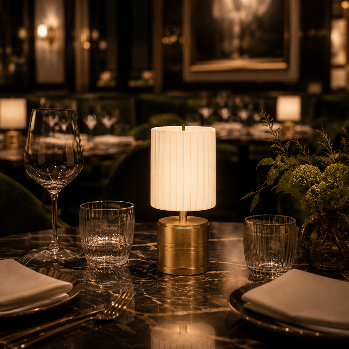 Luxe Cordless Table Lamp Brass Ivory Pleated Shade [A] - Image 4
