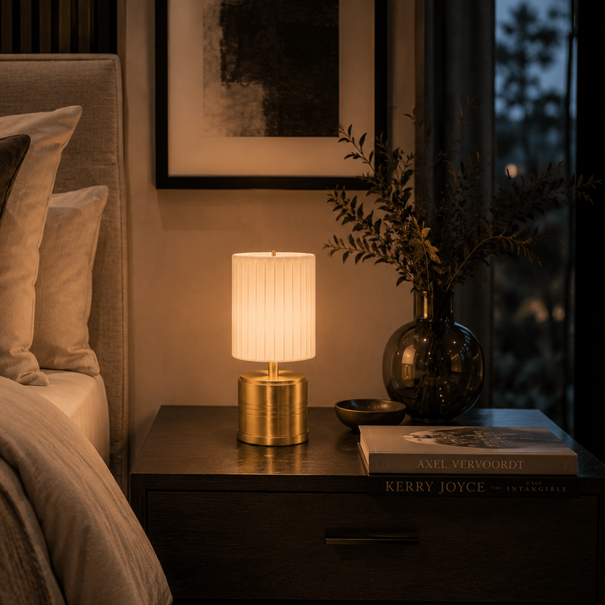 Luxe Cordless Table Lamp Brass Ivory Pleated Shade [A] - Image 5