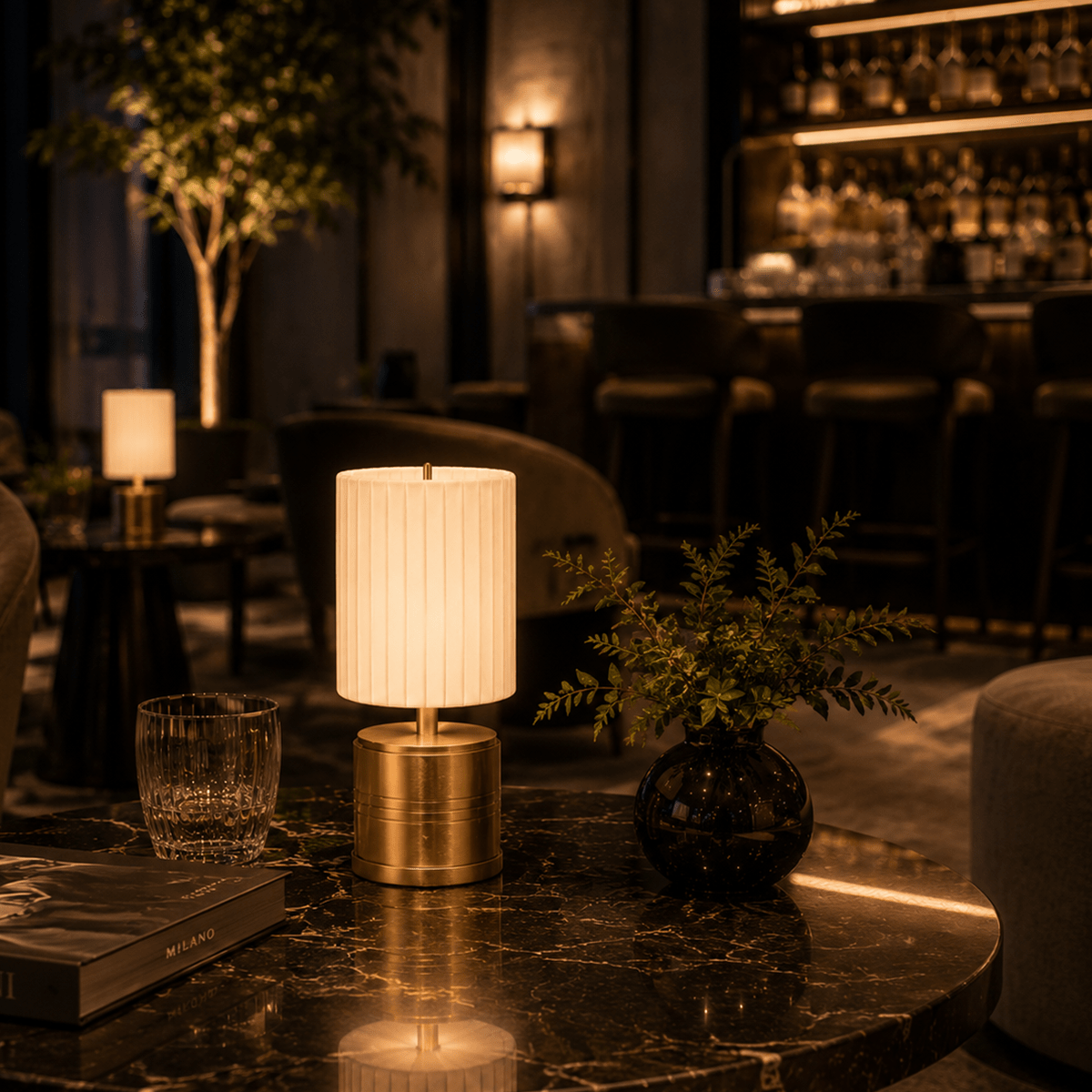 Luxe Cordless Table Lamp Brass Ivory Pleated Shade [A] - Image 6