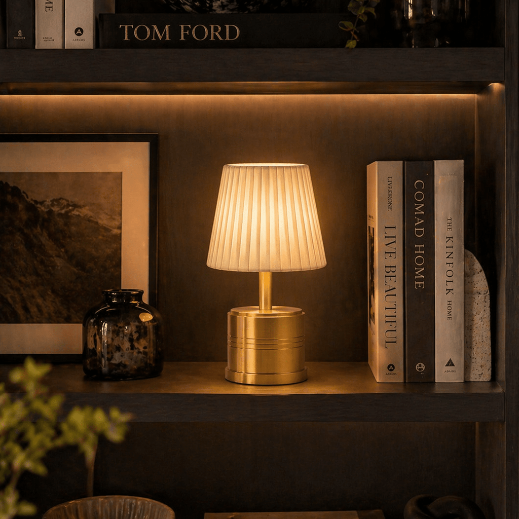Luxe Cordless Table Lamp Brass Ivory Pleated Shade [D] - Image 1