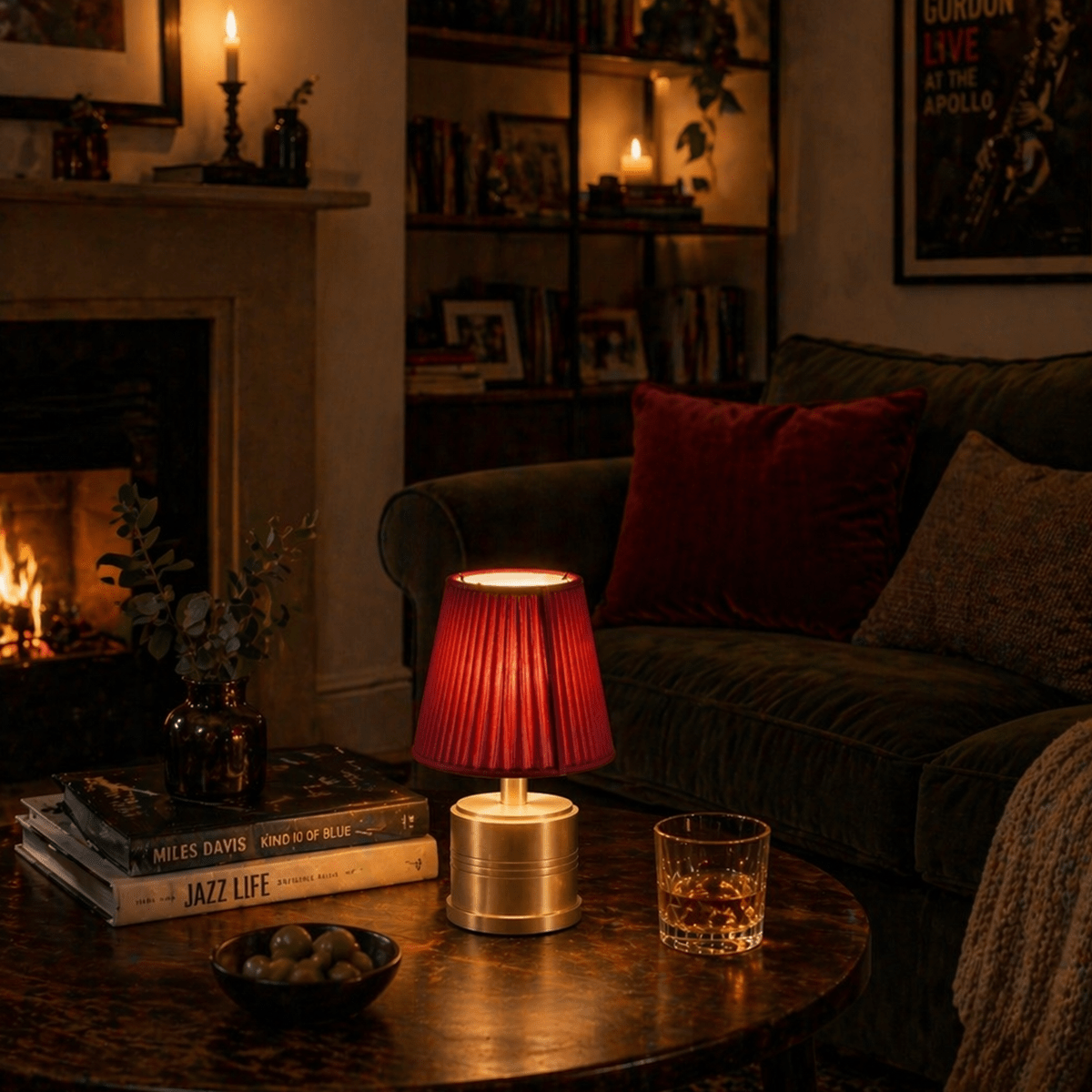 Luxe Cordless Table Lamp Brass Red Cotton Shade [C] - Image 1